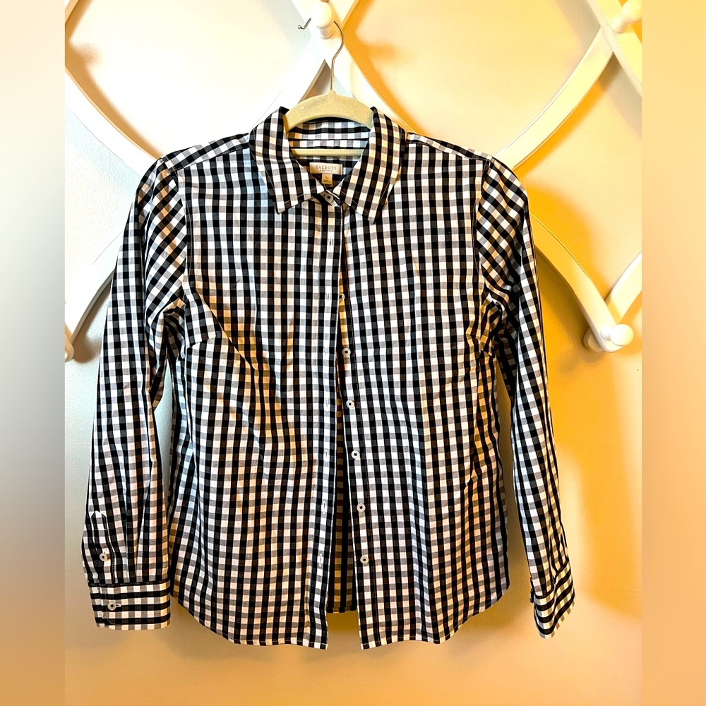 Talbots Small Petite black and white check button down blouse